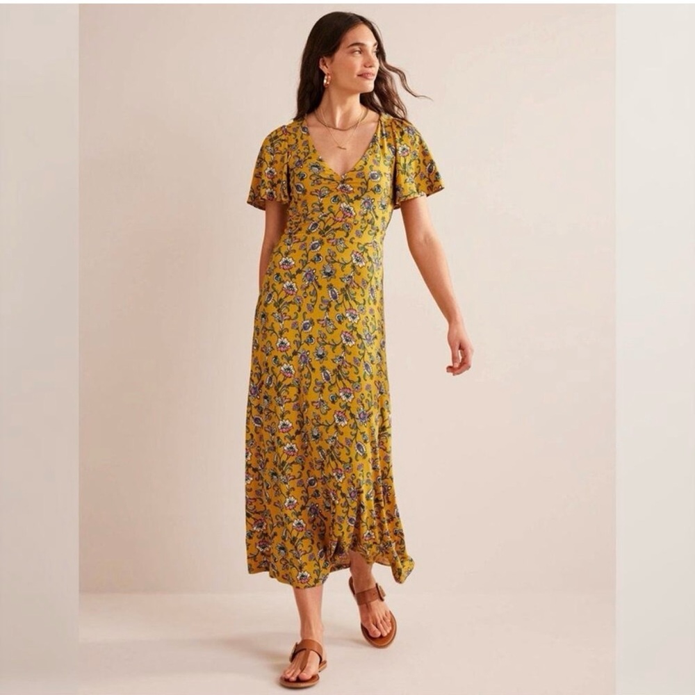 Boden Paisley Flutter Sleeve Midi Dress In Mustard Seed Sz 14
